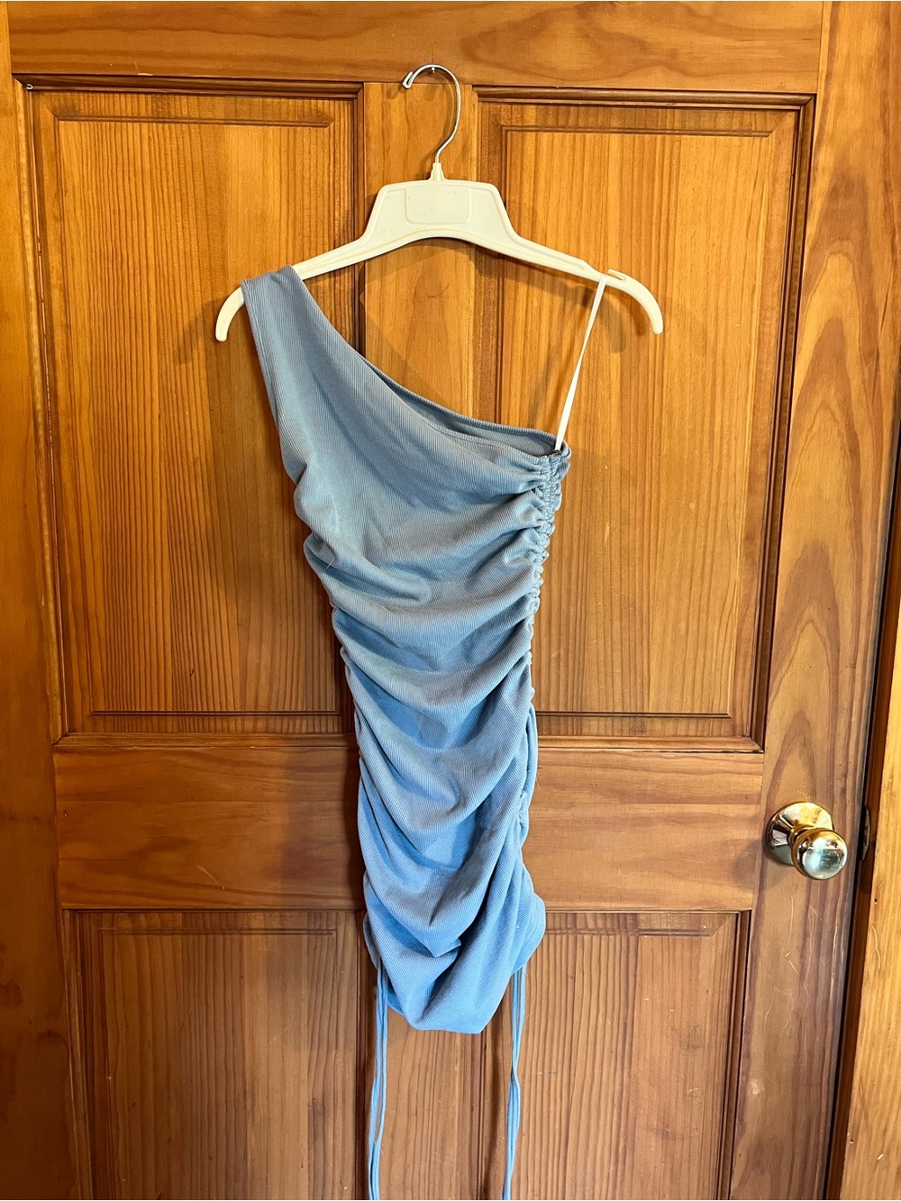 One-Shoulder Blue Ruched Mini Dress